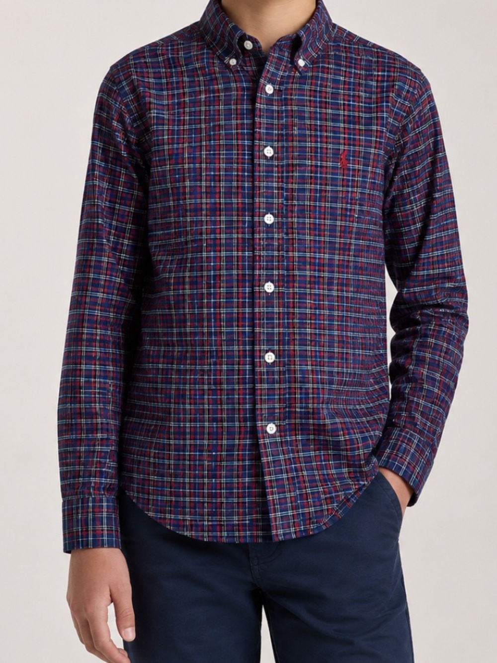 Boys Ralph Lauren Button-Down Plaid Shirt in Navy and Burgundy